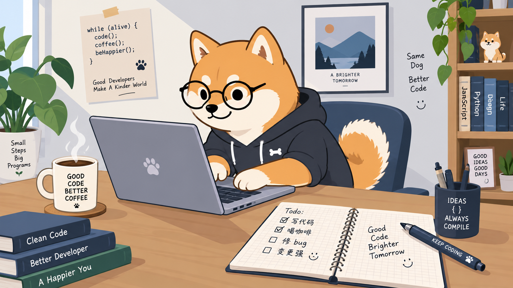 配图:一只戴圆框眼镜的柴犬坐在书桌前敲笔记本电脑的扁平插画 配图:一只戴圆框眼镜的柴犬坐在书桌前敲笔记本电脑的扁平插画